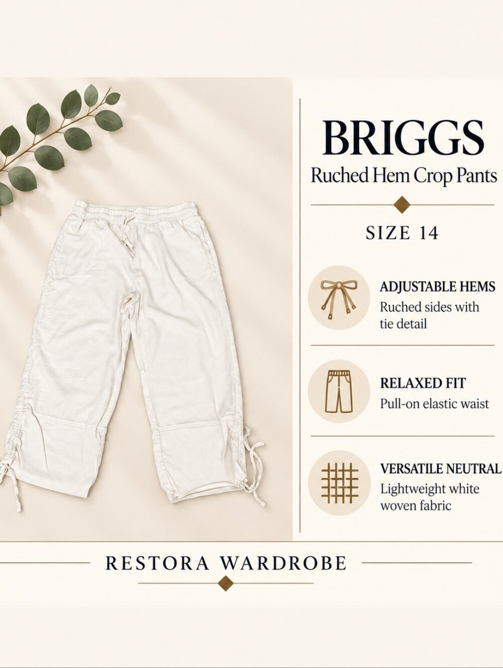 BRIGGS Crop Pants White Drawstring Ruched Hem Size 14 Lagenlook